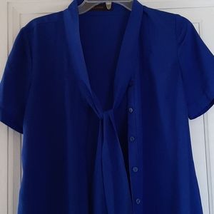 Tie Neck Blue Short Sleeve Blouse